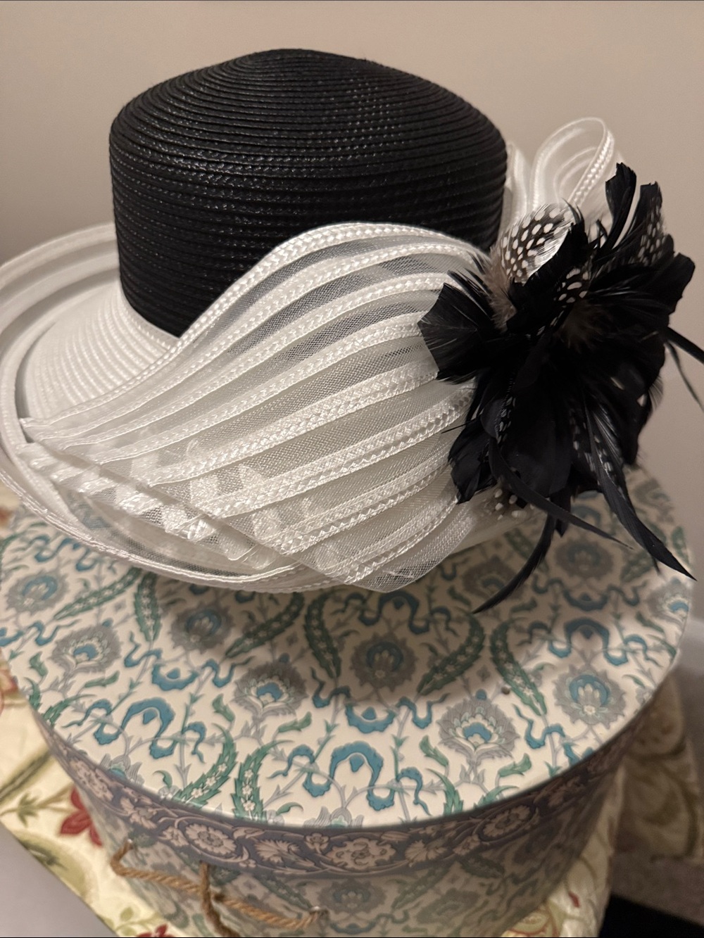 August Hats Black and White Straw Dress Hat with Feather Accent